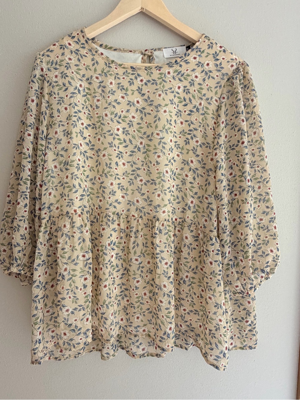 Flowy Floral Peplum Blouse with Delicate Cream & Blue Accents